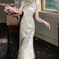 Olivegirl Cheongsam Dress Qipao Elegant Tulip Flower Lace Up Jacquard Floral Pattern Chinese Gentle and Elegant Long Dresses