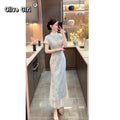 Olivegirl 2026 Chinese Dress Qipao Cheongsams Dyed Jacquard Waist Cinching Embroidery Dress Mesh Splicing Long Dress