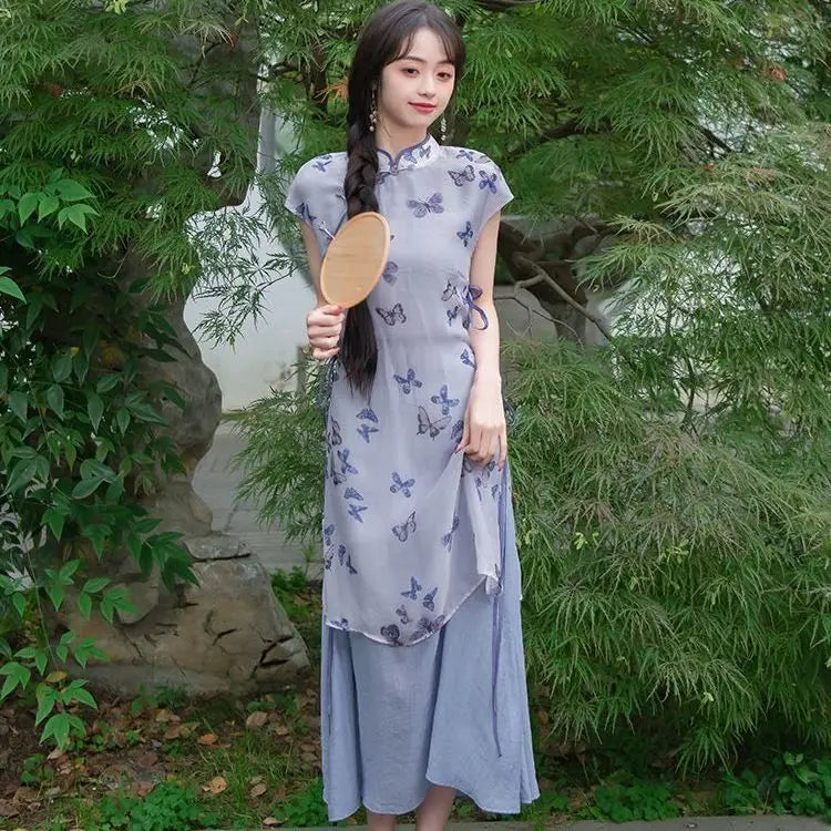 Olivegirl Chinese Traditional Purple Butterfly Dress Elegant Sweet Girl 2026 Fake Two-piece Cheongsam Dress for Women