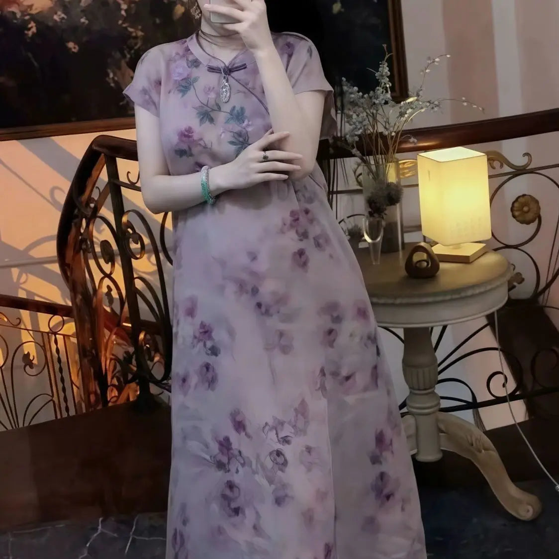 Embroidered Dress 2026 Purple Chinese Dress Qipao Printing Flower Slim Temperament Elegant Chinese Women Buckle Cheongsams