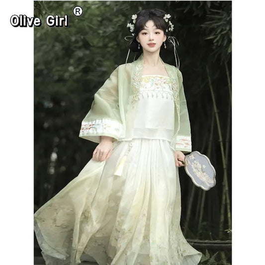 Olivegirl 2026 Chinese Embroidered Flower Shirt Exquisite Strap Irregular Short Skirt Song Dynasty Hanfu Summer Women's Clothing