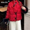 Olivegirl Winter Cotton Jacket Coat Luxury Women's Outwear Top Retro Gift Scarf Flower Button High-end Women's Clothing New Year