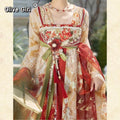 Chinese Hanfu Dresses Fairy Spring Summer Tang-Style Hanfu Dress Set Front Overlapping Large Sleeves Embroidery and Leaf Print