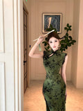 Olivegirl Ladies' Dress Sexy Chinese Dark Green Velvet Embroidered Improved Cheongsam Dress Women's Summer Hip Dress