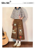 Olivegirl High End Cute Jean American Retro Pants Cartoon Embroidered Women's Seven Point Shorts Trousers Summer Wide Leg Pants