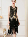 Olivegirl Women's Dress Banquet 2026 Retro V-neck Sleeveless Double Layer Tassel Dress Fashion Shining Nail Bead Party Gown
