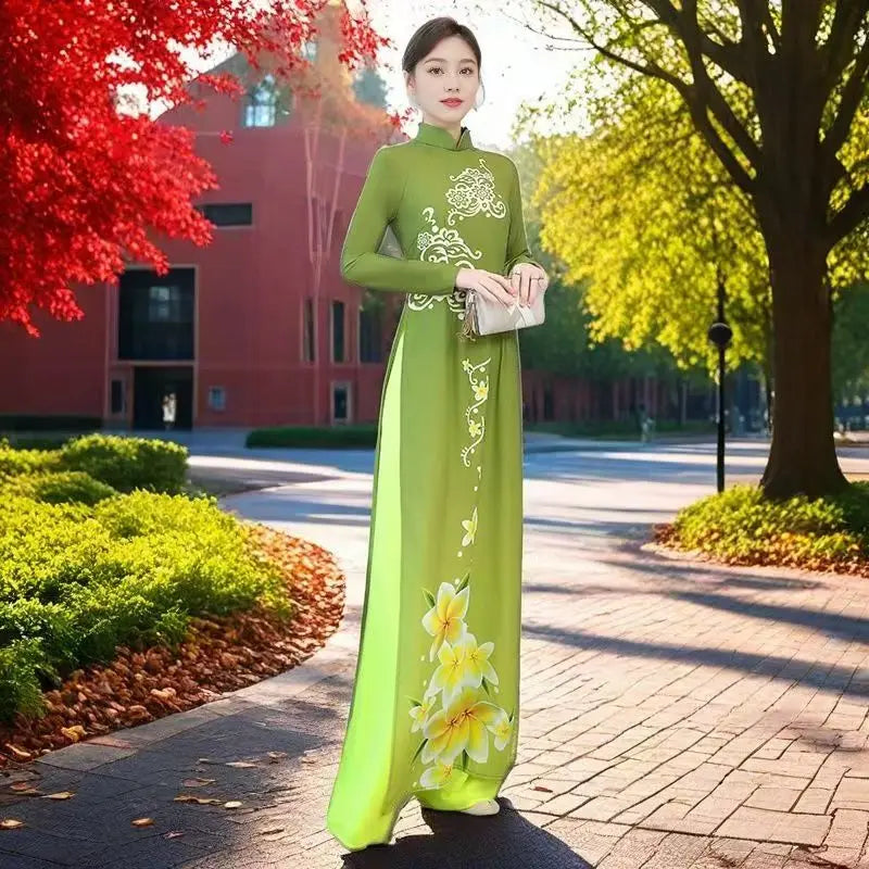 Olivegirl Aodai Vietnamese Traditionally Dress Long Qipao Two-piece Wide-leg Pants Cheongsam Aodai Dress Women's Clothing