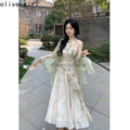 Green Cheongsam Elegant Cardigan Chinese Traditional Dress Qipao Chiffon Print Irregular Forest Dress Fairy Fashion Set