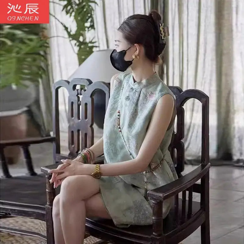 Improved Chinese Style Cheongsam Dress Summer Plus Size Women's Clothing Embroidery Qipao Long Floral Sleeveless Vest Dress