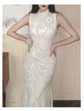 Olivegirl Wedding Dress Women's Qipao Cheongsam Jacquard White Retro Engagement Fish Tail Dress High-end Bridal Welcome Dress