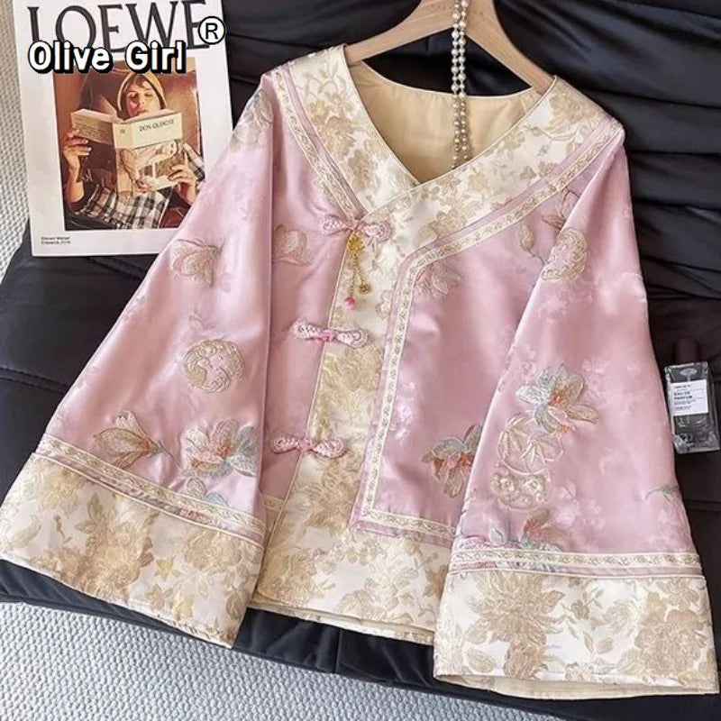 Outerwear Women's Coat Tops Light Luxury Temperament V-neck Embroidery 2025 Improved Chinese Style Top Half Skirt