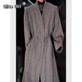 Grey Sequined Waist Cinched Cardigan Jacket Wrap Coat Trench V-neck Elegant High-end Fabric Mid Length Top Women's Clothing