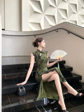 Olivegirl Ladies' Dress Sexy Chinese Dark Green Velvet Embroidered Improved Cheongsam Dress Women's Summer Hip Dress