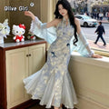 Olivegirl Summer Women's Dress Cheongsam Qipao Chinese Style Dyed Printed Gilded Gauze Improved Fishtail Dress Blue Cardigan