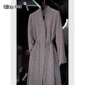 Grey Sequined Waist Cinched Cardigan Jacket Wrap Coat Trench V-neck Elegant High-end Fabric Mid Length Top Women's Clothing