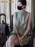 Improved Chinese Style Cheongsam Dress Summer Plus Size Women's Clothing Embroidery Qipao Long Floral Sleeveless Vest Dress