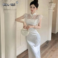 Olivegirl High-end Dress Delicate Lace Flared Sleeves Retro Patchwork Slimming High Slit Youthful Summer Women's Dress 2026