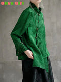 2025 Green Shirt Top Jacquard Fabric Elegant High End Petal Sleeves Chinese Traditional Clothing Women's Blouse Shirt Women