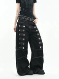 Olivegirl 2026 Women's Jeans Trousers Women Straight Trousers Gothic Y2K American Patchwork Rivet Design Black Loose Streetwear