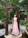Olivegirl Pink Dress Chinese 3D Flower Cheongsam Qipao Women's Summer Plus Size Gentle and Elegant Mesh Fishtail Dress