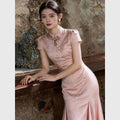 Olivegirl Pink Dresses Jacquard Fish Tail Chinese Women's Clothing 2026 Summer Retro Elegant Qipao Butterfly Cheongsam