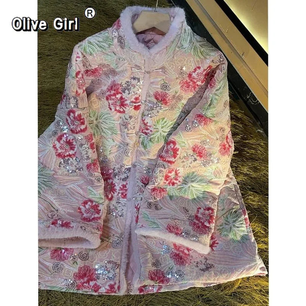 Olivegirl Women's Coat Pink Nail Bead Sequins Thickened Cotton Velvet Coat Jacket Cotton Women's Top Clothing Traditional