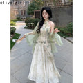 Green Cheongsam Elegant Cardigan Chinese Traditional Dress Qipao Chiffon Print Irregular Forest Dress Fairy Fashion Set