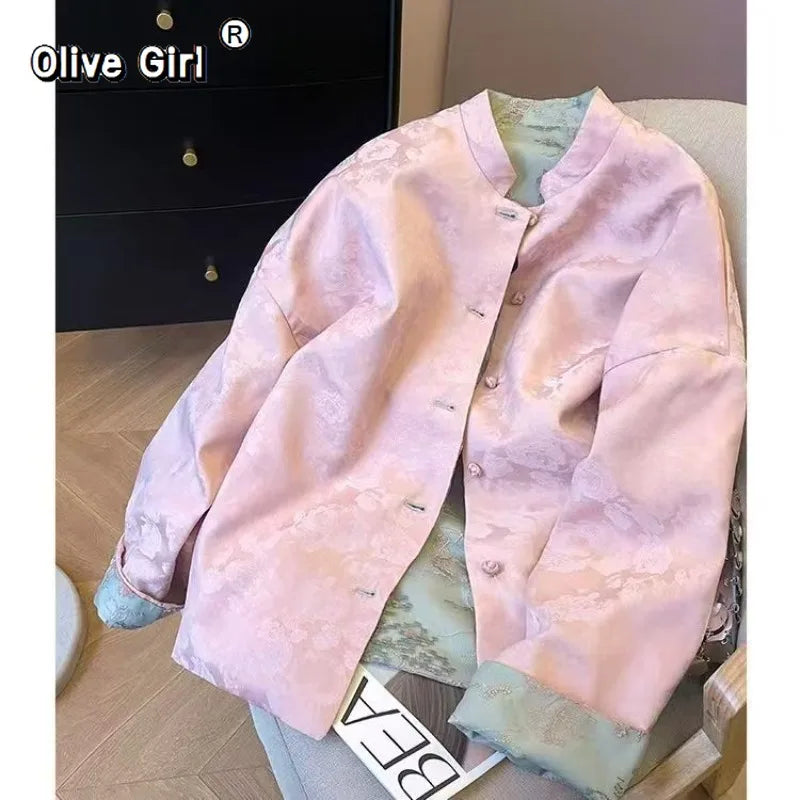 Green Pink Jacket Coat Lace Embroidery Fabric Women's Top High-end V-neck Retro Light Luxury Tang Style Clothing 2026