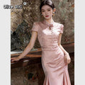 Olivegirl Pink Dresses Jacquard Fish Tail Chinese Women's Clothing 2026 Summer Retro Elegant Qipao Butterfly Cheongsam