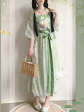 Olivegirl Hanfu Dresses Women's Song Style Green Short Shirt Flower Bud Pants Skirt Shorts Set Daily Summer Style