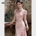 Olivegirl Pink Dresses Jacquard Fish Tail Chinese Women's Clothing 2026 Summer Retro Elegant Qipao Butterfly Cheongsam
