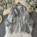 Olivegirl Europese American Sequined Tassel Coat Tops Dance Show Party Medium Loose Jacket High Street Women Clothing
