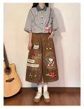 Olivegirl High End Cute Jean American Retro Pants Cartoon Embroidered Women's Seven Point Shorts Trousers Summer Wide Leg Pants