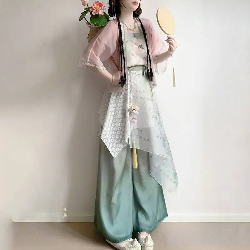 Song Dynasty Hanfu Set | Lotus Print Short Shirt & Pants | Lightweight Summer Cosplay
