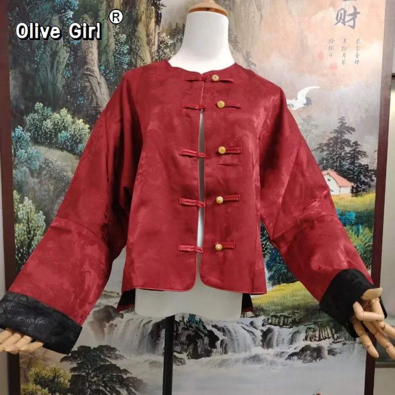 Olive Girl Women Coat Chinese Red Jacket Jacquard Dragon Pattern Spring Plus Size 2026 High-end Top New Year Women's Clothing