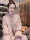 Pink Cotton Jacket Coat Fur Collar Embroidered White Cotton Jacket Elegant High-end Retro Winter Traditional Chinese Clothing