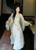 Green Cheongsam Elegant Cardigan Chinese Traditional Dress Qipao Chiffon Print Irregular Forest Dress Fairy Fashion Set