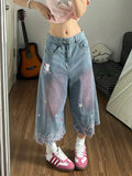 Olivegiel High Waist Cute Cartoon Cat Embroidery Denim Jean Women's Trouser Vintage Y2k Clothes Calf Length Denim Pants Harajuku