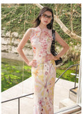 Olivegirl High End Dress Chinese Gradient Printed Sleeveless Lace Cheongsam Qipao Slim Sexy Long Dresses Women's Clothes
