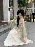 Green Cheongsam Elegant Cardigan Chinese Traditional Dress Qipao Chiffon Print Irregular Forest Dress Fairy Fashion Set