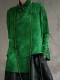 2025 Green Shirt Top Jacquard Fabric Elegant High End Petal Sleeves Chinese Traditional Clothing Women's Blouse Shirt Women