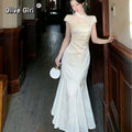Olivegirl High End Dress Elegant Sweet 2026 Jacquard Lace Patchwork Slim Fish Tail Dresses Qipao Cheongsam Spring Summer Retro