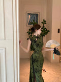 Olivegirl Ladies' Dress Sexy Chinese Dark Green Velvet Embroidered Improved Cheongsam Dress Women's Summer Hip Dress