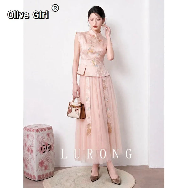 Olivegirl 2026 Summer Women's Outfits Chinese Style Beautiful Embroidered Shirt Top Mesh Half Skirt Set Female Clothing