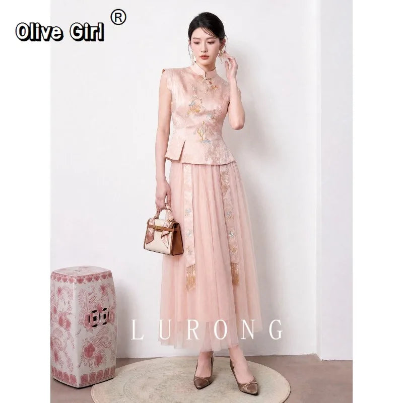 Olivegirl 2026 Summer Women's Outfits Chinese Style Beautiful Embroidered Shirt Top Mesh Half Skirt Set Female Clothing