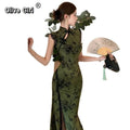 Olivegirl Ladies' Dress Sexy Chinese Dark Green Velvet Embroidered Improved Cheongsam Dress Women's Summer Hip Dress