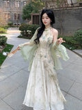 Green Cheongsam Elegant Cardigan Chinese Traditional Dress Qipao Chiffon Print Irregular Forest Dress Fairy Fashion Set