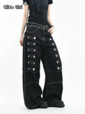 Olivegirl 2026 Women's Jeans Trousers Women Straight Trousers Gothic Y2K American Patchwork Rivet Design Black Loose Streetwear