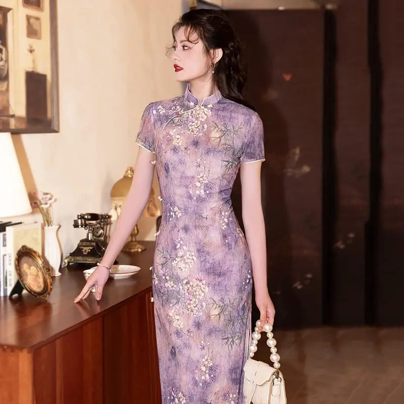 Purple Lace Cheongsam Dress Qipao Elegant Sweet Print High-end Cheongsam with Exquisite Traditional Chinese Women's Clothing