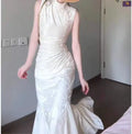 Olivegirl Wedding Dress Women's Qipao Cheongsam Jacquard White Retro Engagement Fish Tail Dress High-end Bridal Welcome Dress